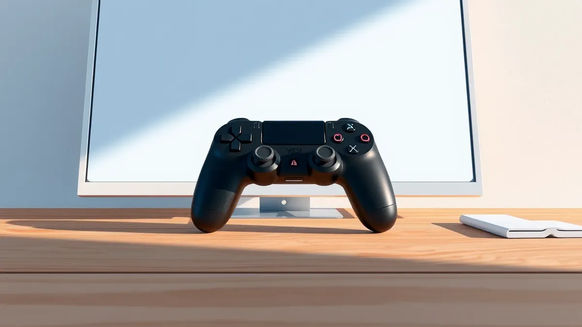 Illustration: A sleek black gaming controller rests on a wooden desk beside a blank white monitor.