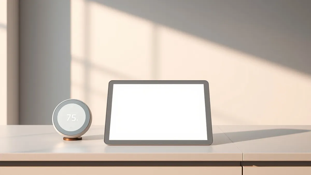 Illustration: A blank slate tablet rests on a modern kitchen countertop next to a minimalist smart thermostat.