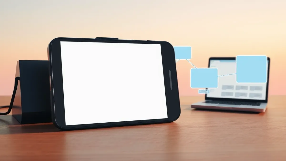 Illustration: A sleek black smartphone rests on a wooden desk, its screen displaying a blank white web browser window.