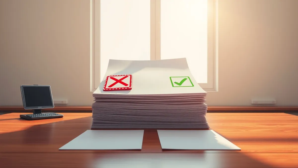 Illustration: A stack of blank legislative documents sits on a polished wooden desk, weighed down by a large red stamp marked with a simple cross and a green stamp marked with a ch