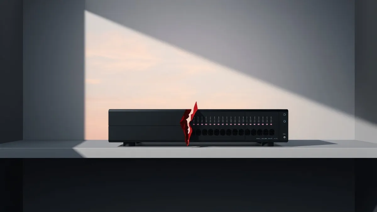 Illustration: A sleek black network appliance sits on a gray shelf, its front panel showing only abstract blinking lights.