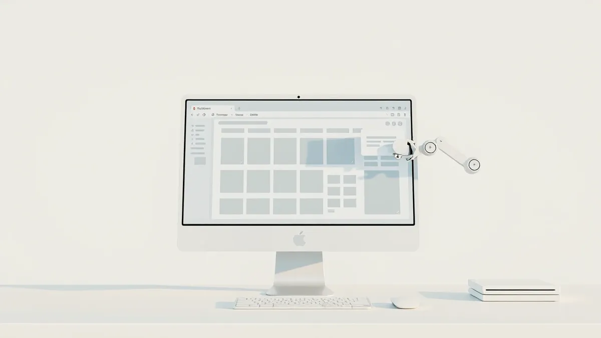 Illustration: A sleek white computer monitor sits on a clean desk, displaying a design interface with structured columns of abstract gray blocks and geometric shapes.