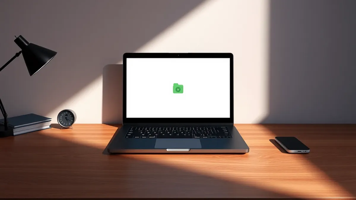 Illustration: A sleek black laptop sits on a wooden desk, its blank screen displaying a single empty folder icon with a small green checkmark hovering above it.