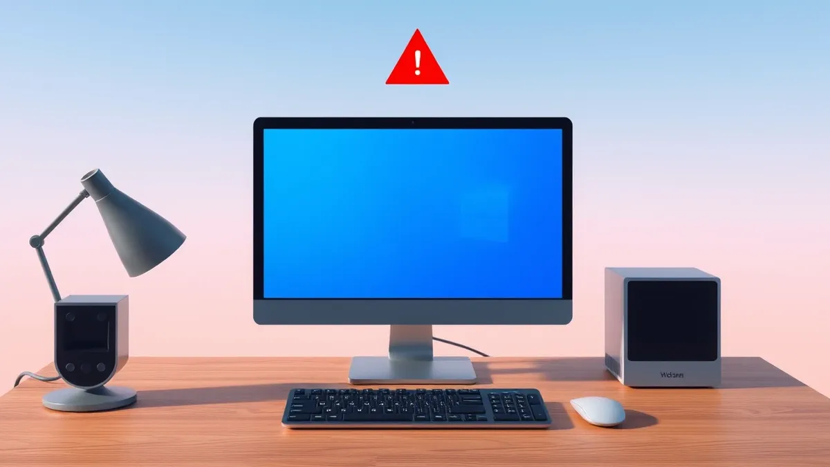 Illustration: A sleek desktop computer sits on a wooden desk with its monitor displaying a clean, blank blue interface.
