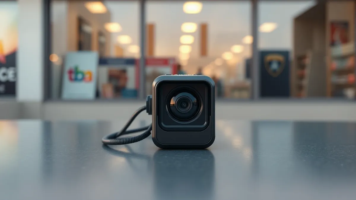 Illustration: A solitary police body camera sits on a clean metal surface, its lens dark and reflective.