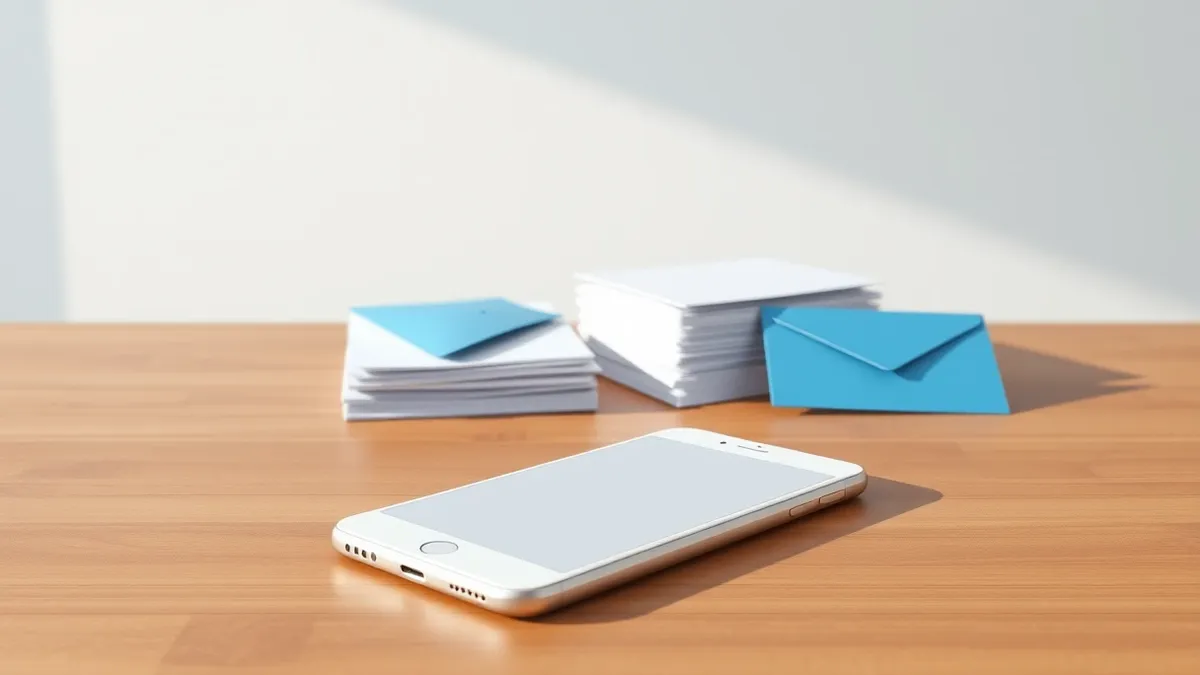 Illustration: A sleek white smartphone rests on a polished wooden table, its screen displaying a blank notification icon.