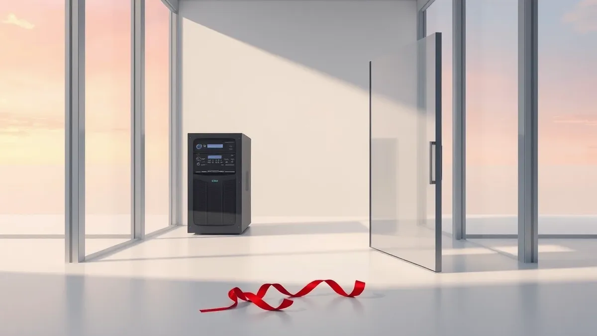 Illustration: A sleek black server chassis with blank indicator lights sits behind a reinforced glass window.