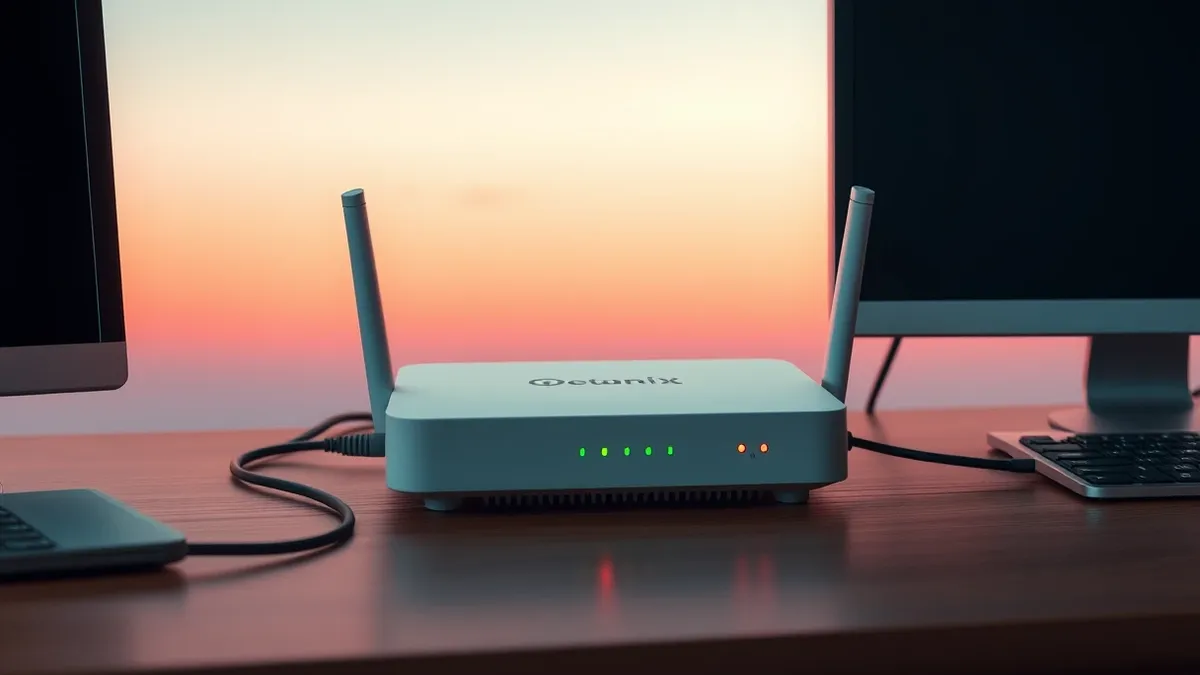 Illustration: A small white home router sits on a wooden desk, connected to a single ethernet cable that snakes away into darkness.