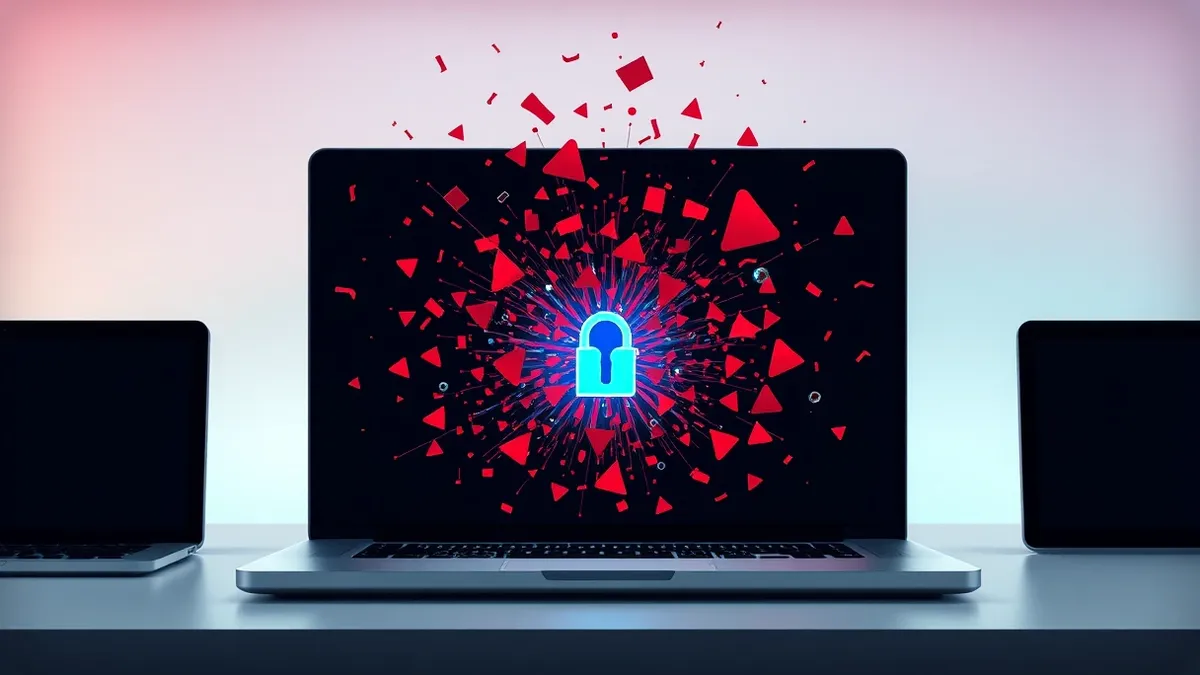 Illustration: A laptop screen displays a chaotic tangle of abstract red and black geometric shapes exploding from a small, glowing blue keyhole icon.