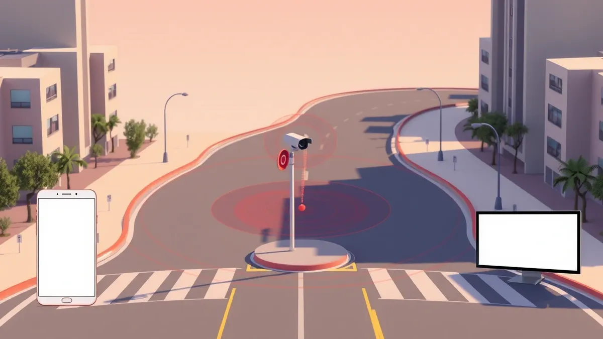 Illustration: A flat digital map displays a winding city street with a small, unmarked camera icon positioned on a pole at an intersection.