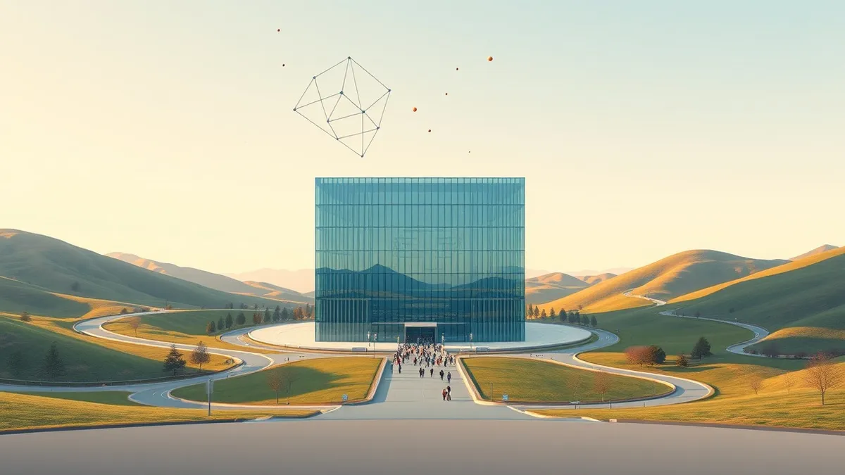 Illustration: A sleek glass building stands against a clear sky, surrounded by manicured hills and winding roads.