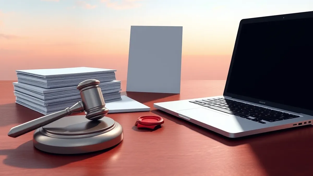 Illustration: A sleek silver gavel rests on a polished wooden desk beside a stack of blank white files.
