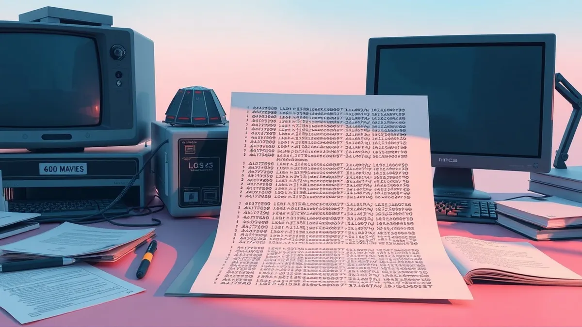 Illustration: A vintage computer printout rests on a cluttered desk beside a model of the lunar module.