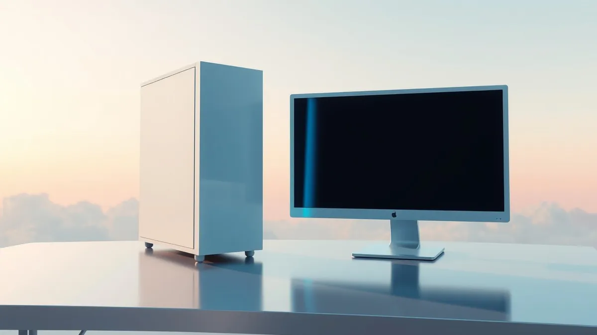 Illustration: A sleek, white server tower sits on a polished metal desk beside a single, blank monitor.