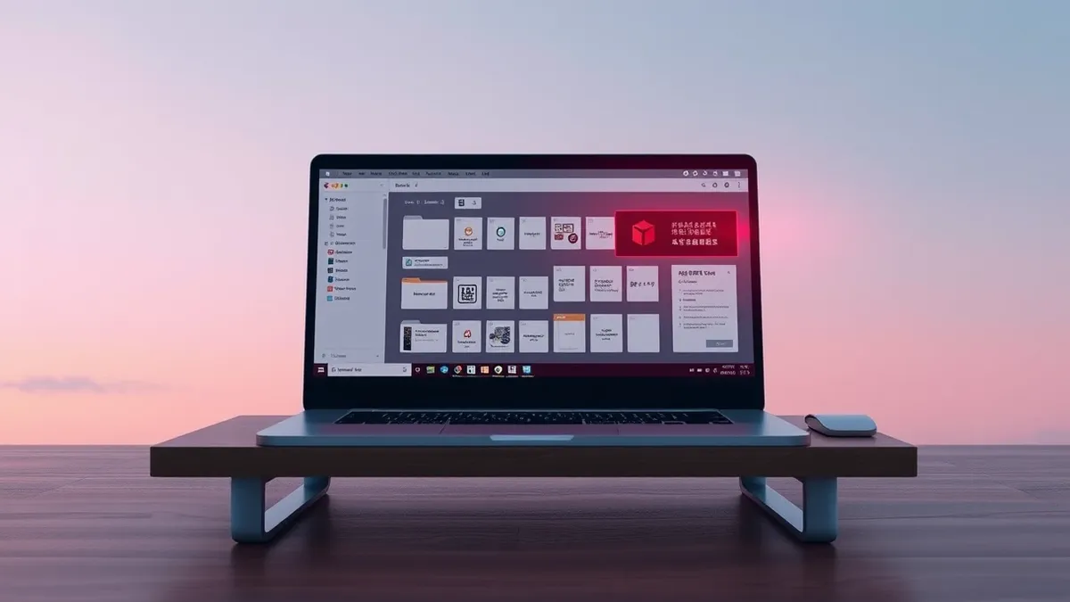 Illustration: A sleek laptop sits on a wooden desk, displaying a desktop cluttered with generic document icons and a prominent Hangul keyboard layout.