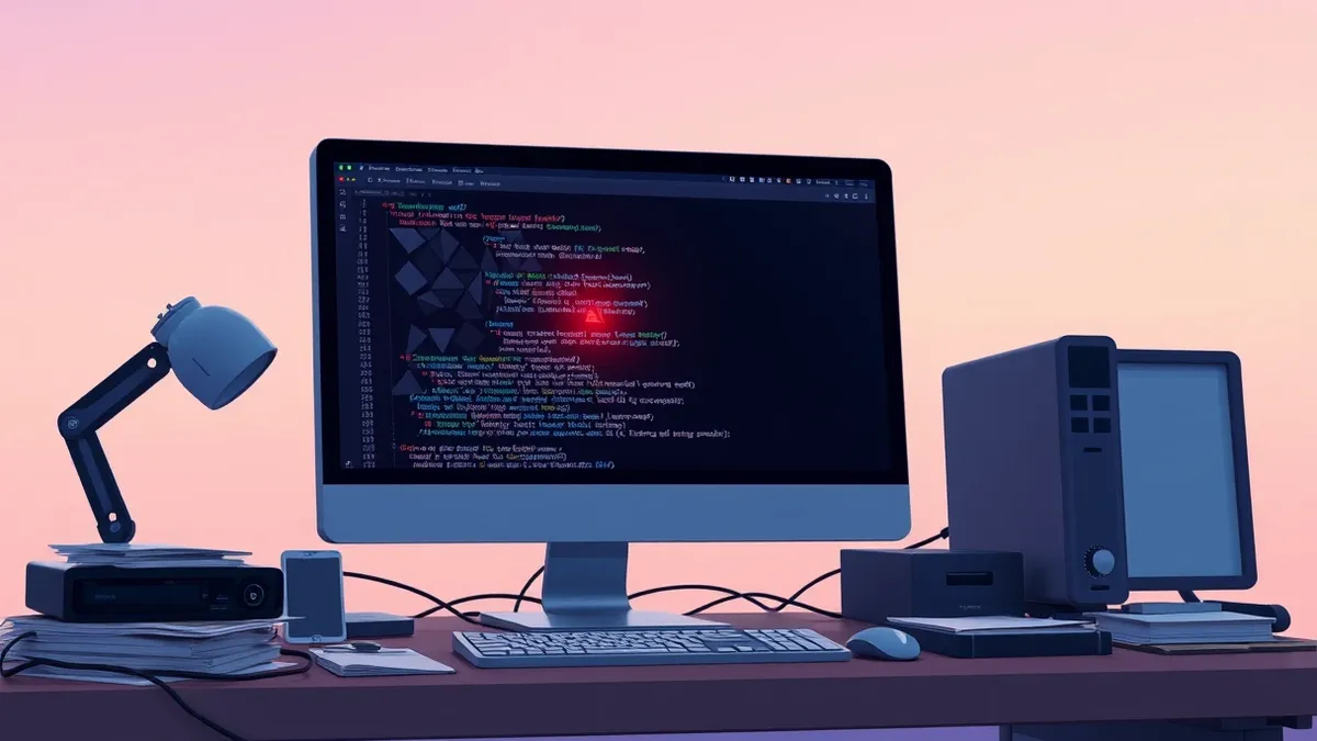 Illustration: A sleek desktop computer sits on a cluttered desk, its screen displaying a web browser window filled with abstract geometric code blocks.