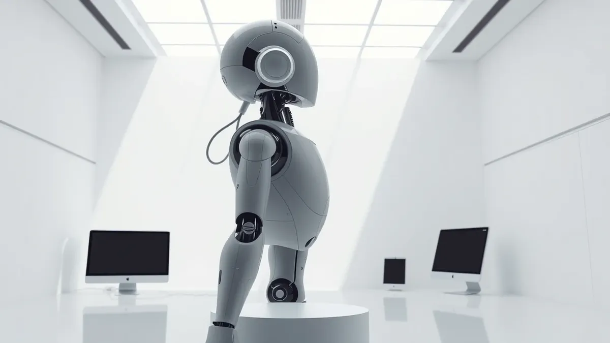 Illustration: A sleek humanoid robot stands motionless in a sterile white laboratory.