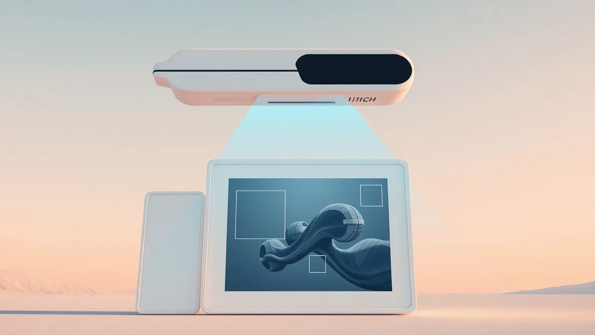 Illustration: A sleek white scanner hovers over a digital photo frame displaying an abstract image.