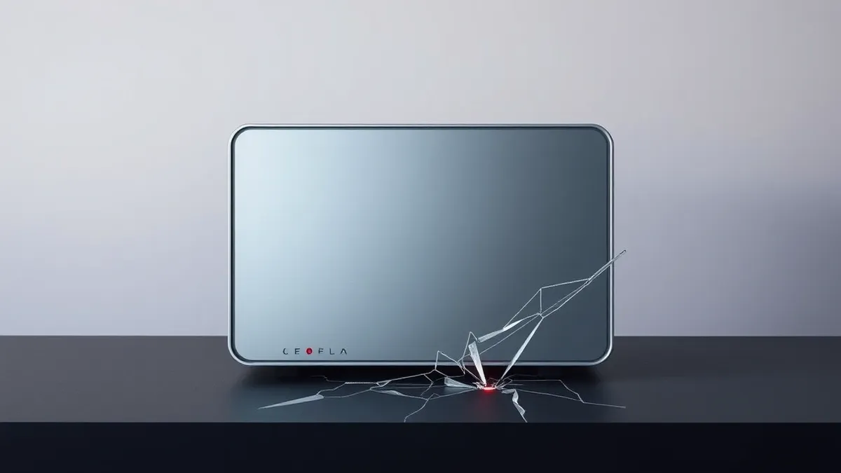 Illustration: A sleek, silver corporate firewall appliance sits isolated on a dark desk.
