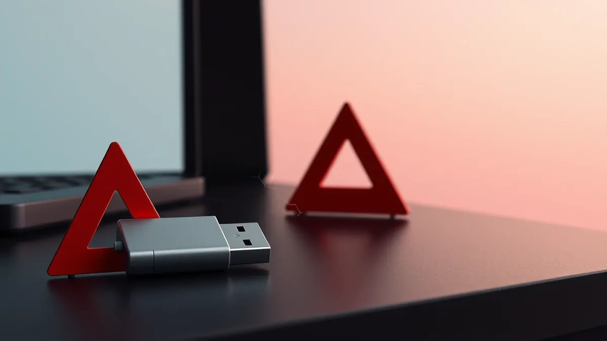 Illustration: A blank silver USB stick rests on a dark desk next to a generic red warning triangle.