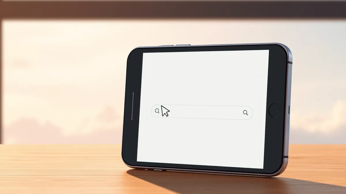 Illustration: A modern smartphone sits on a wooden table displaying a blank search interface.