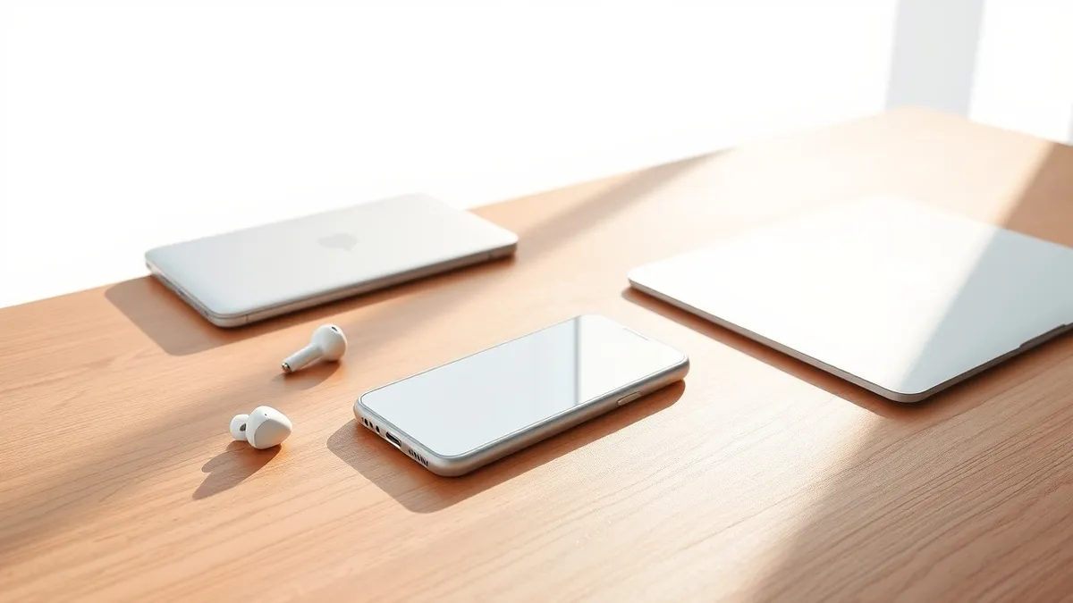 Illustration: A sleek white smartphone rests on a polished wooden table beside a silver laptop and a pair of wireless earbuds.