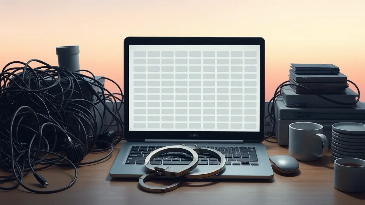 Illustration: A cluttered desk covered in tangled cables and empty coffee cups sits beside a single open laptop.