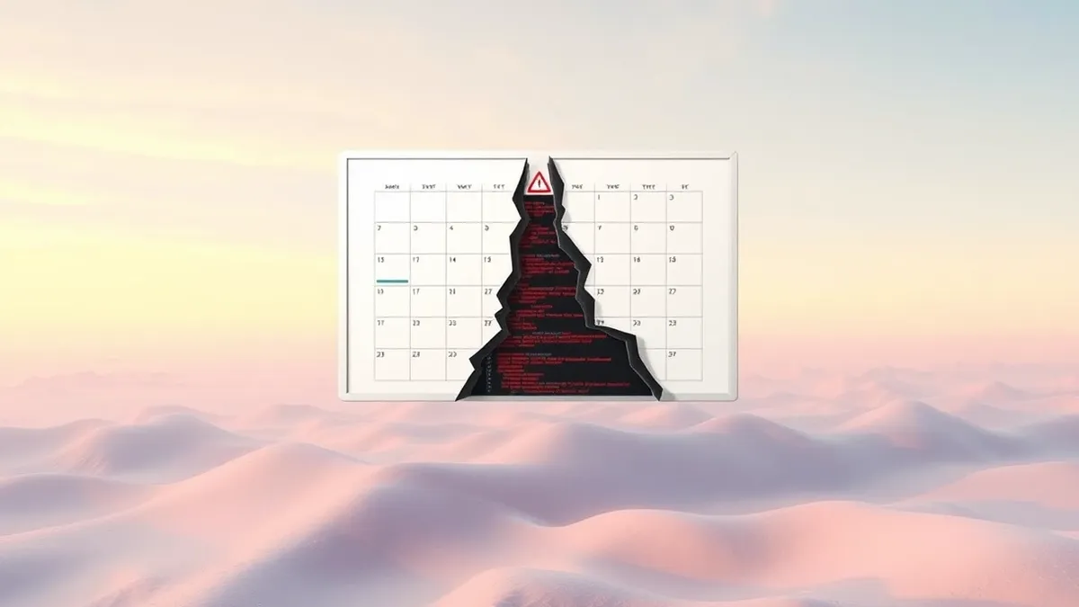 Illustration: A white software interface window floats in midair, displaying a blank calendar grid.