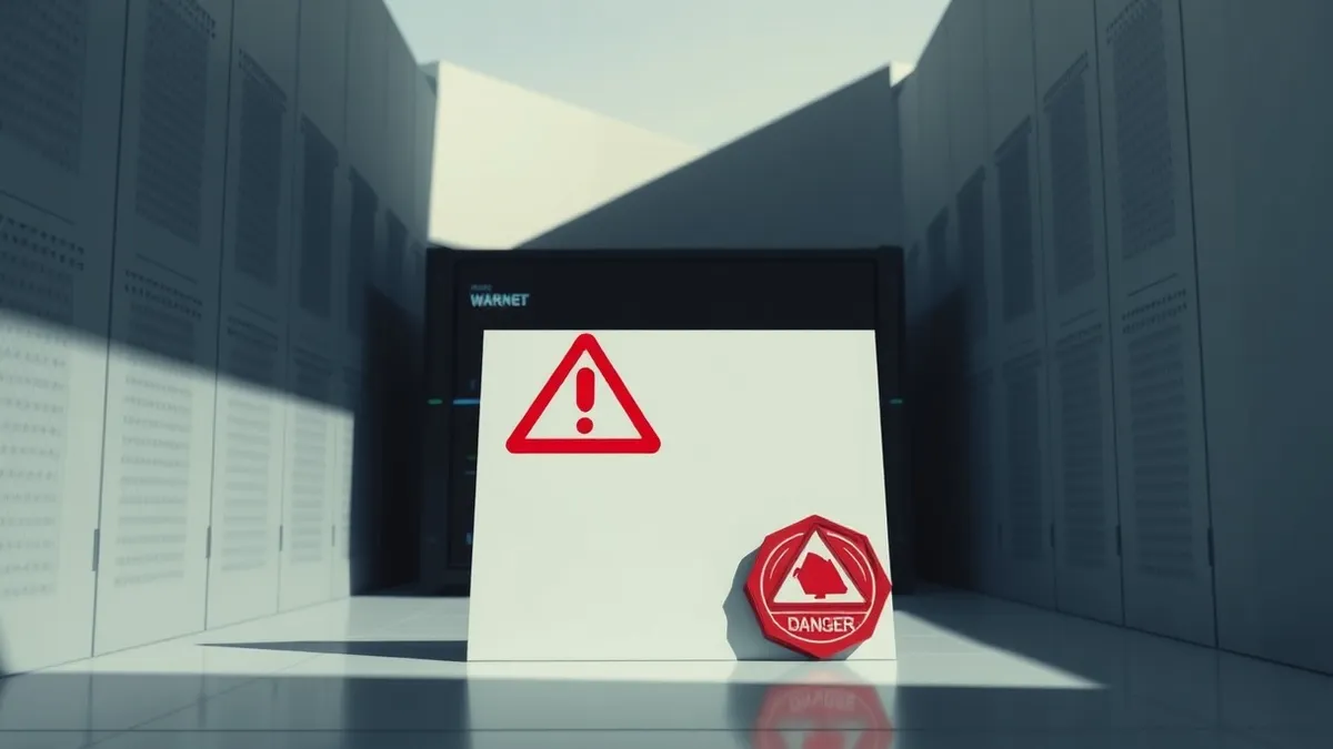 Illustration: A red warning stamp sits on a blank white card resting against a black firewall appliance.