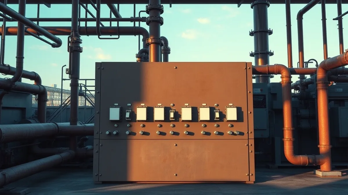Illustration: A heavy metal control panel with blank toggle switches sits inside an industrial facility.