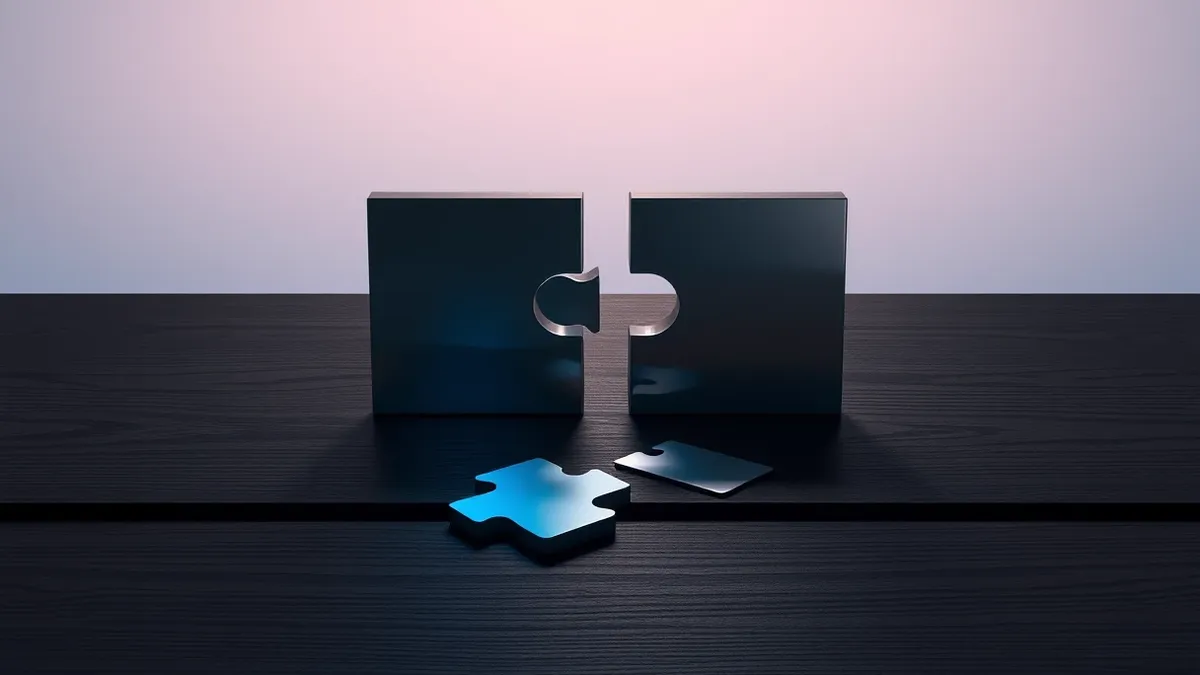 Illustration: A pair of metallic puzzle pieces sits on a dark wooden desk, one half glowing with subtle blue light while the other remains matte and shadowed.