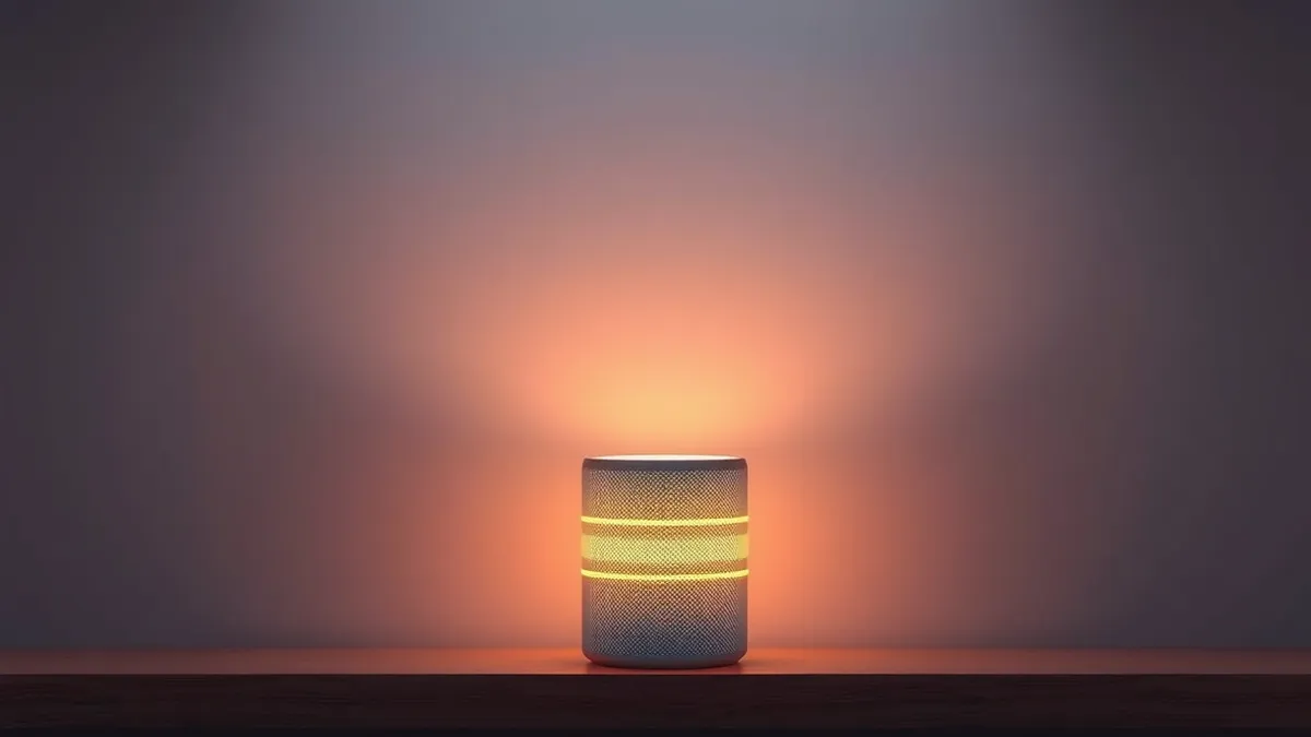 Illustration: A compact cylindrical smart speaker sits on a wooden shelf.