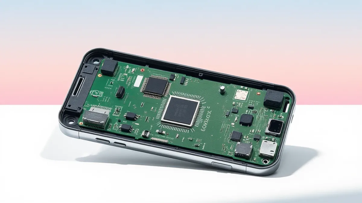 Illustration: A low-cost smartphone sits on a clean desk with its back casing removed.