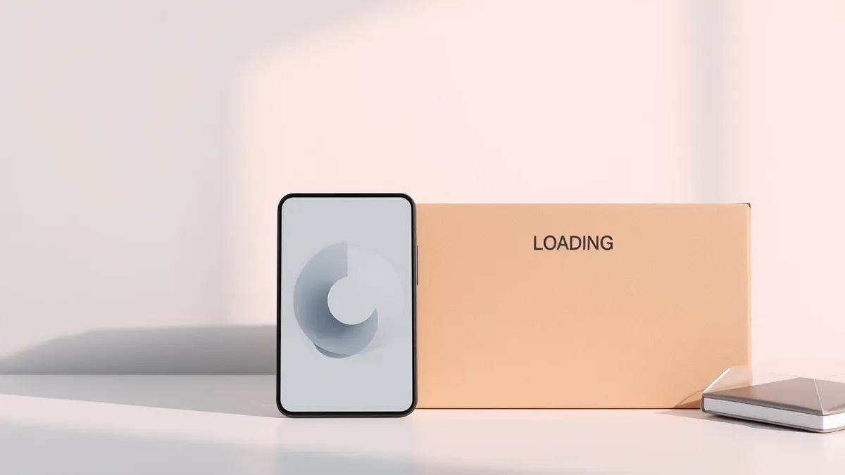 Illustration: A blank smartphone screen sits on a white desk next to a generic cardboard box.
