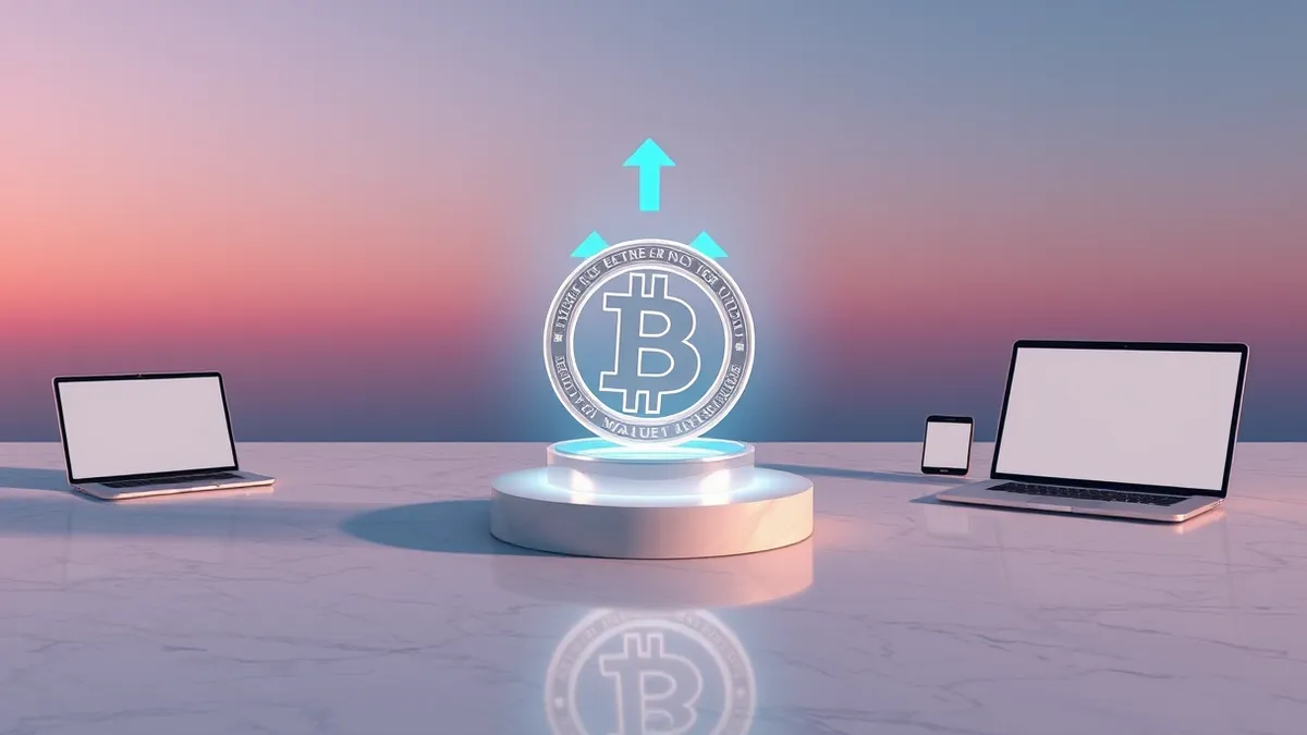 Illustration: A sleek, translucent digital coin rests on a polished marble surface, surrounded by floating geometric rings that pulse with soft blue light.