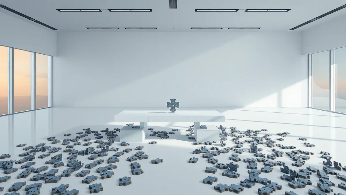 Illustration: A solitary, sleek white desk sits empty in a vast, dimly lit corporate office.