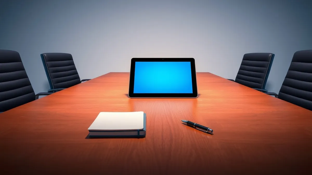 Illustration: A sleek, featureless tablet rests on a polished wooden conference table between two empty chairs.
