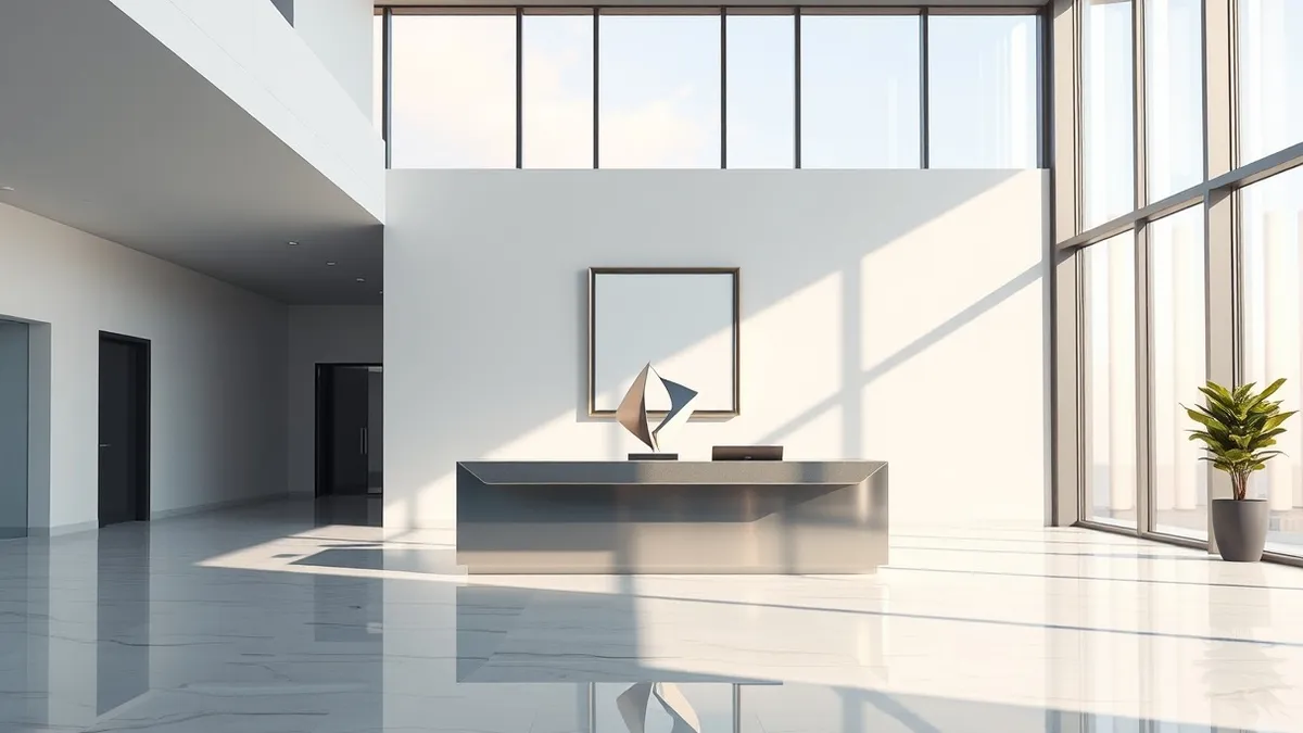 Illustration: A sleek modern office lobby features a polished reception desk with an abstract geometric sculpture.