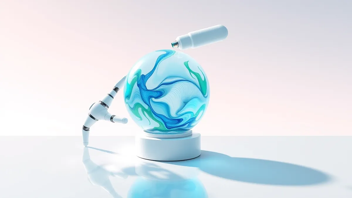 Illustration: A sleek white robotic arm gently holds a glowing transparent sphere containing swirling blue and green abstract patterns.