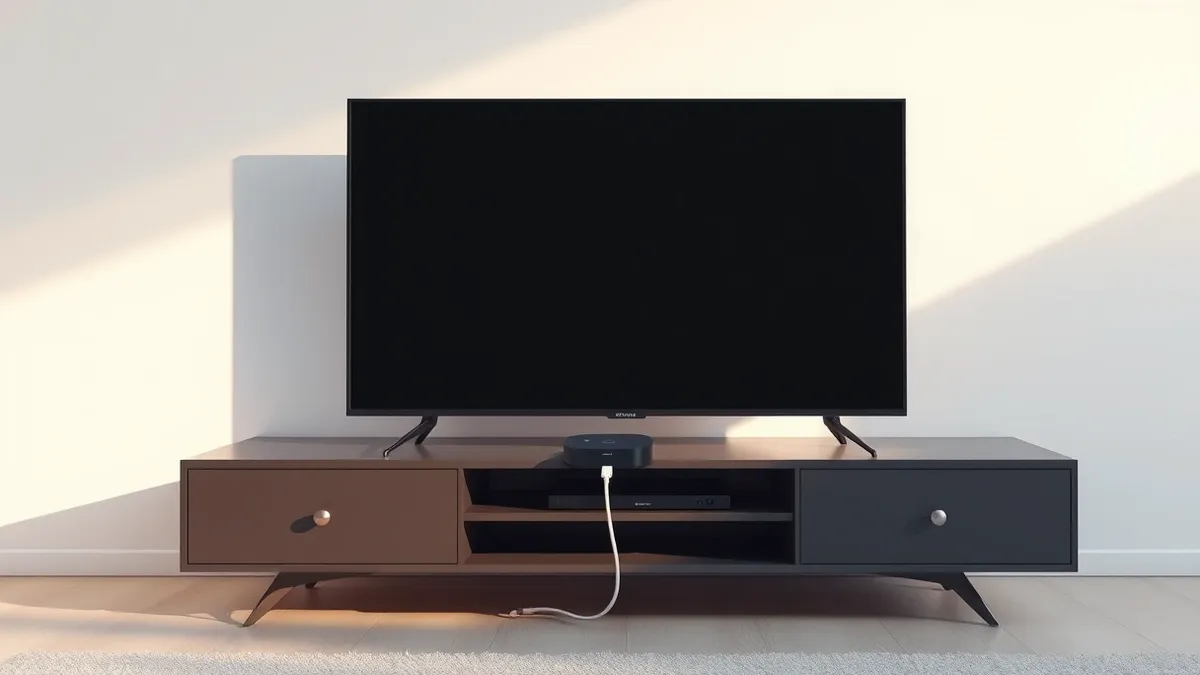 Illustration: A small black streaming puck sits on a modern television stand, connected by a single white cable to the screen behind it.