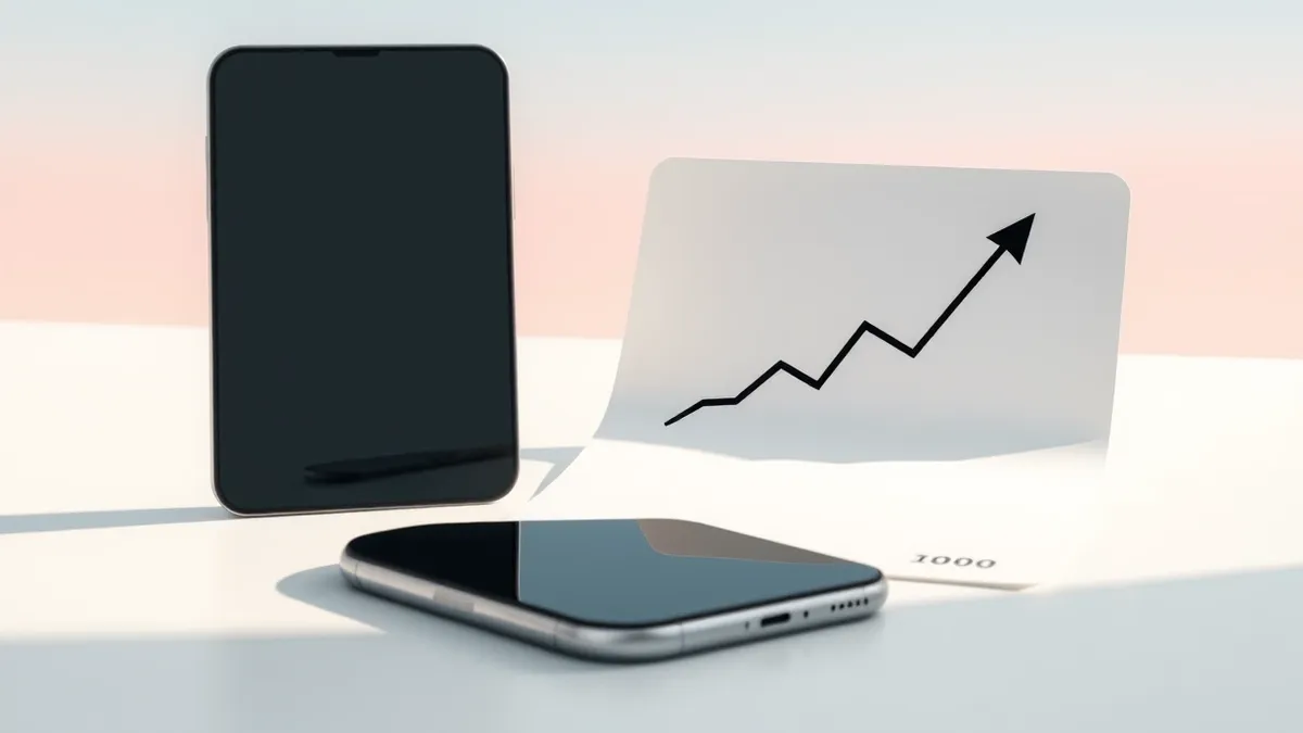 Illustration: A sleek silver smartphone rests on a clean white surface next to a blank financial chart.