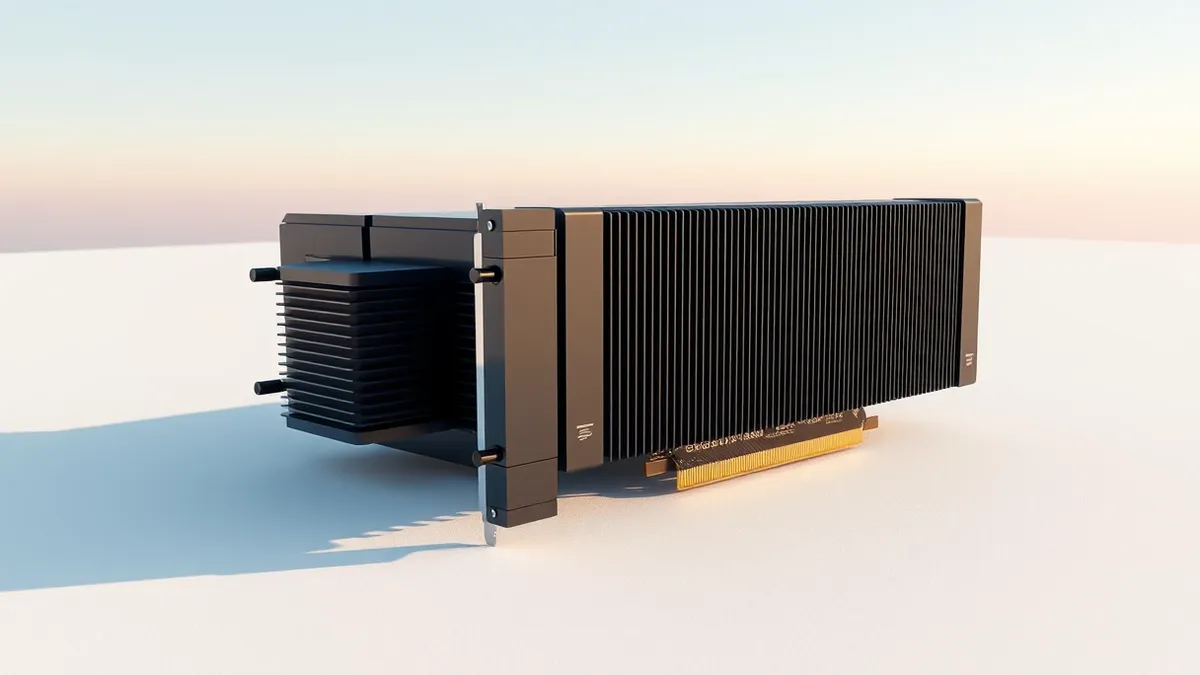 Illustration: A sleek black server accelerator card sits on a clean white surface.