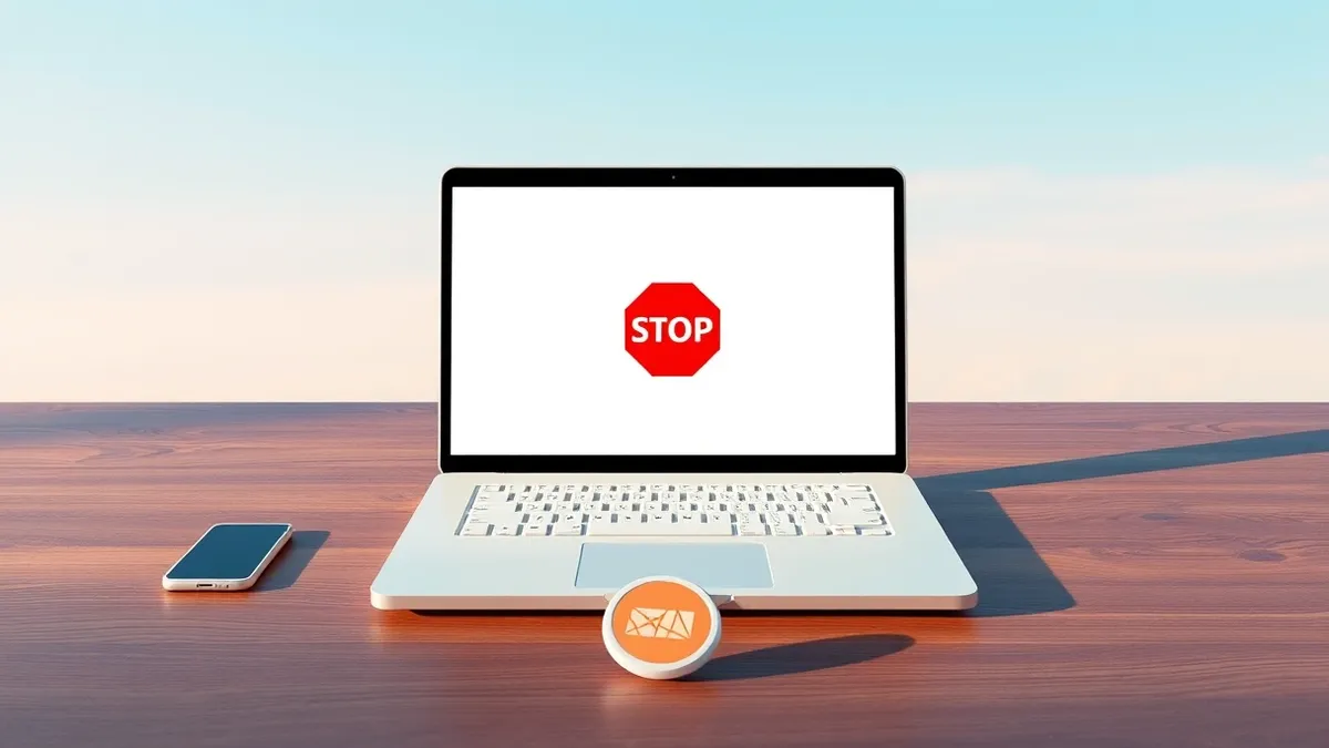 Illustration: A sleek white laptop sits open on a wooden desk, displaying a blank browser window with a single red stop icon in the center.