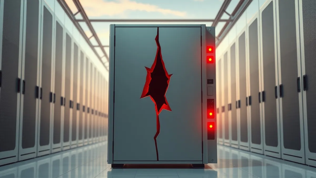 Illustration: A gray metal server appliance sits in a clean data center aisle.