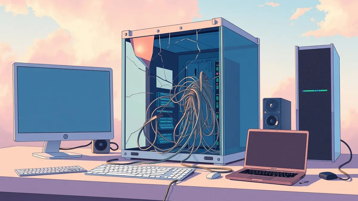 Illustration: A cracked virtual machine container sits on a digital desk, its glass walls fractured to reveal tangled electrical wires spilling out.