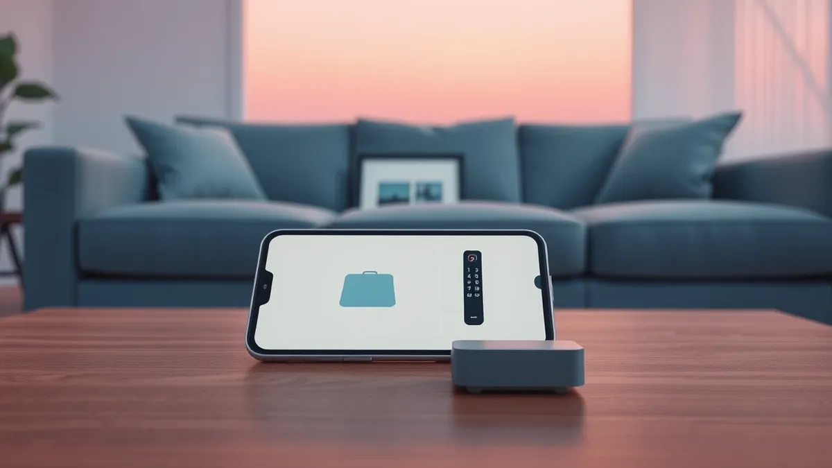Illustration: A sleek smartphone rests on a modern living room coffee table.