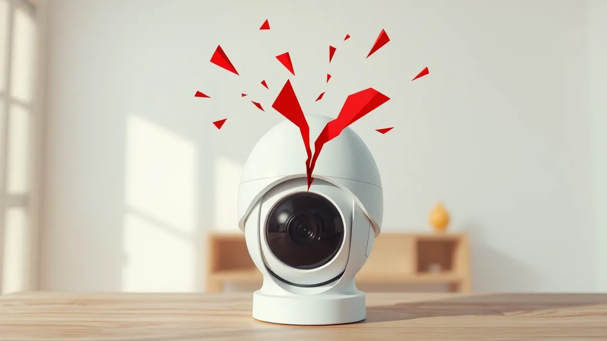Illustration: A white dome security camera sits on a wooden surface.