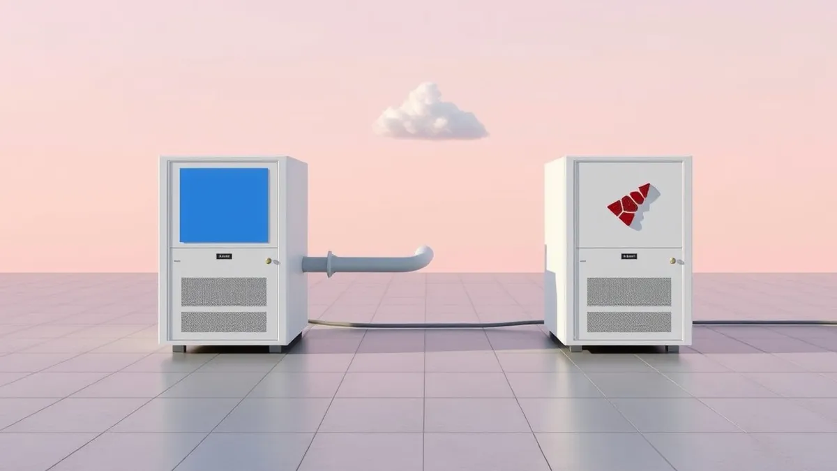 Illustration: Two identical white servers sit side by side on a metal floor.