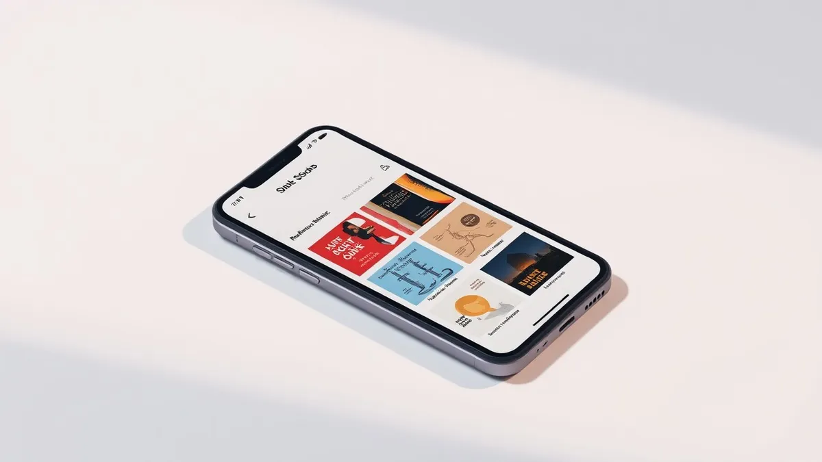Illustration: A modern smartphone rests on a clean white surface, displaying the Books application with a refreshed layout featuring large, vibrant book covers arranged in a minima