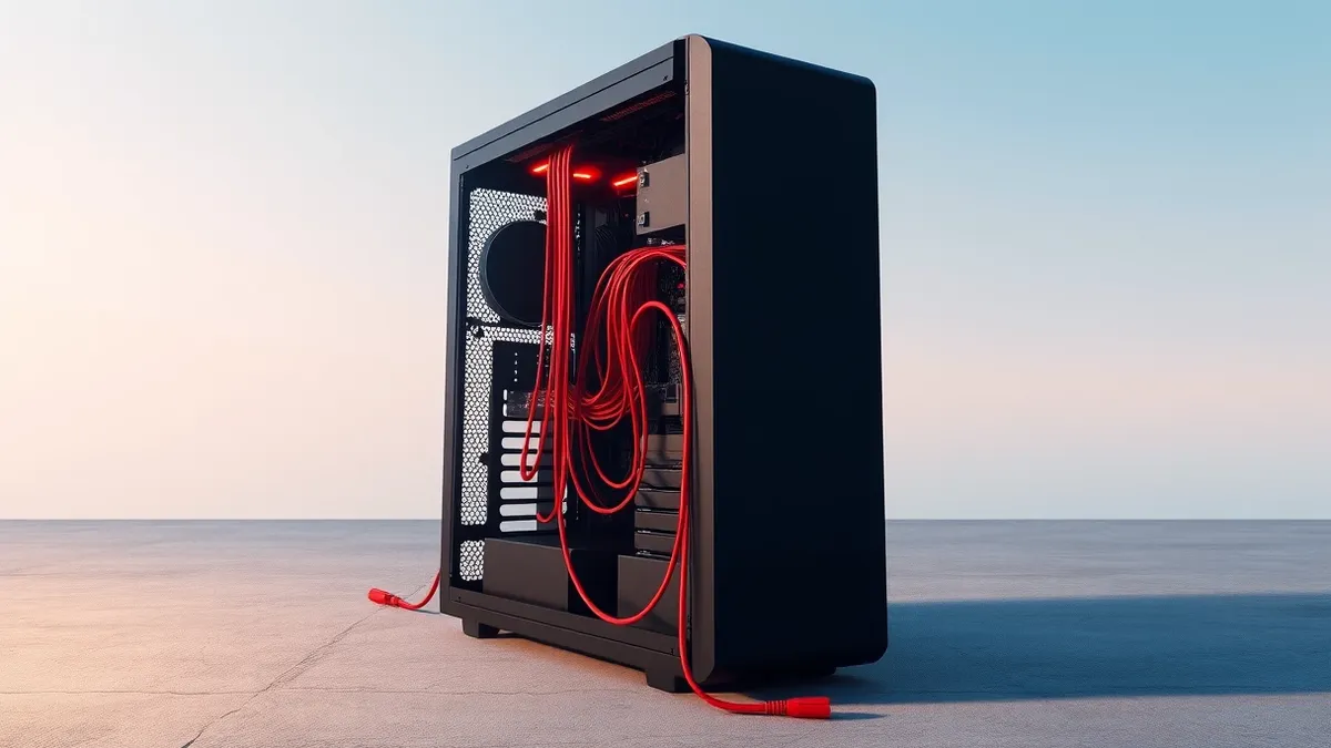 Illustration: A sleek black server tower sits on a concrete floor with its side panel removed.